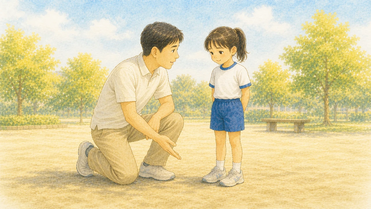 公園で、しゃがんだ父親が小学生の女の子と目線を合わせ、足元の動きについて具体的に話している様子(イラスト)