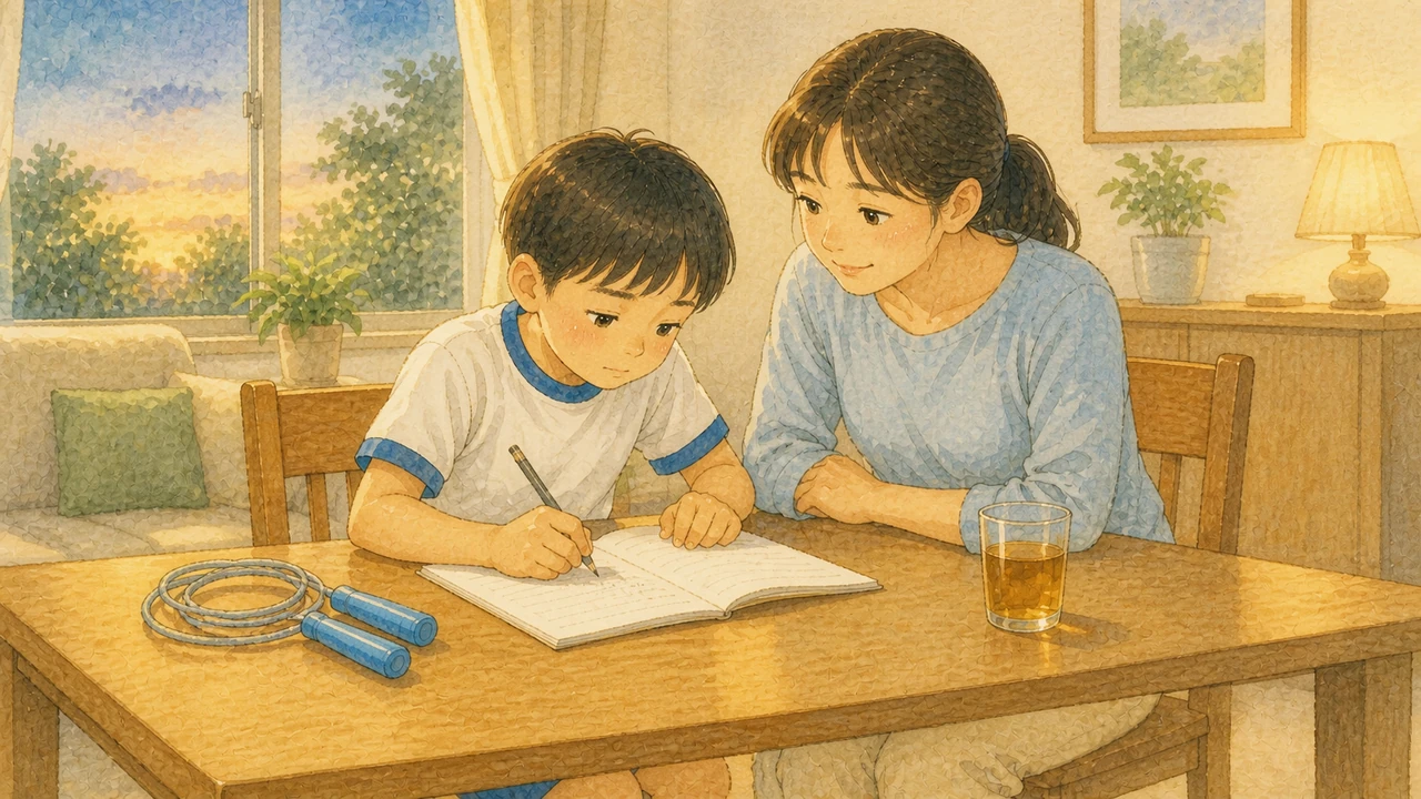 家のテーブルで、小学生の男の子が今日できたことをノートに3行書き、母親が横で見守っている様子(イラスト)