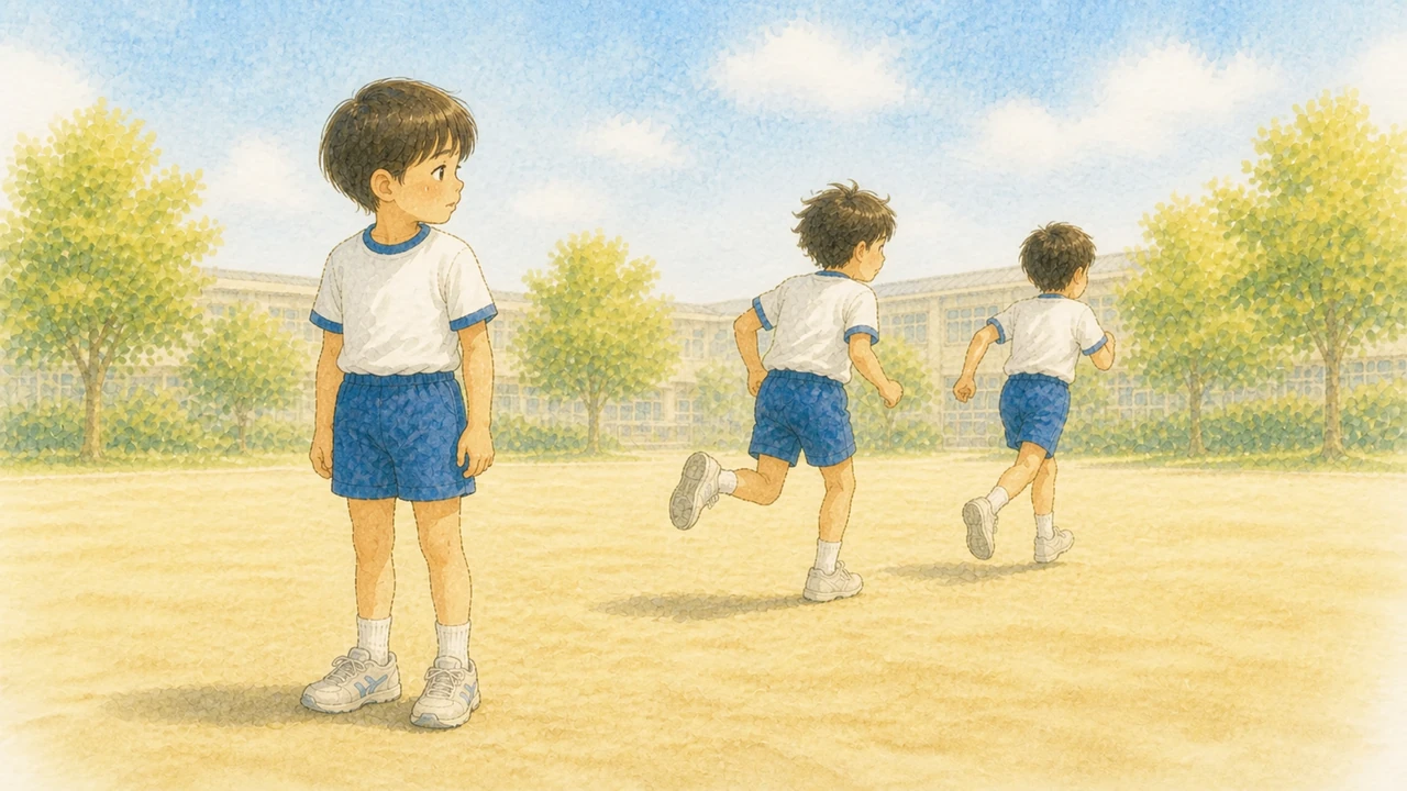 校庭で順番を待つ列に並びながら、走っている友だちのほうをじっと見ている小学生の男の子の様子(イラスト)
