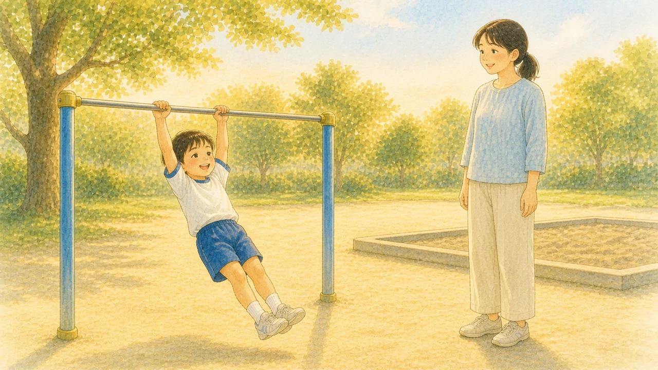夕方の公園で、鉄棒にぶら下がって笑っている小学生の男の子と、そばで見ている母親の様子(イラスト)
