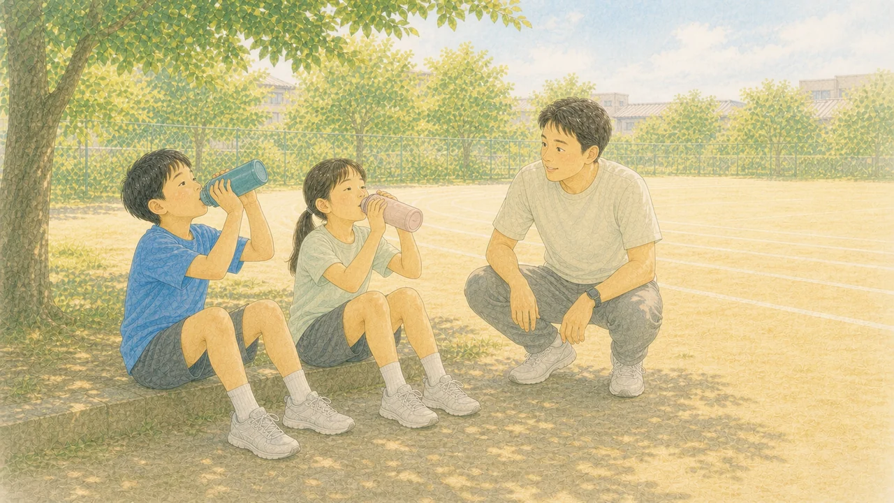 夏の練習中、日陰で子どもたちが水筒で水分をとり、コーチが付き添っている様子（イラスト）