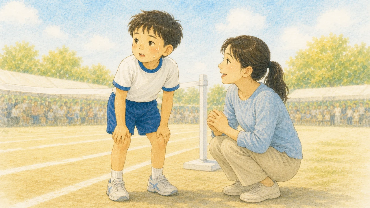 ゴールを走り抜けた直後の小学生の男の子が息を切らしながら親のほうを見て、母親がしゃがんで声をかけている様子(イラスト)
