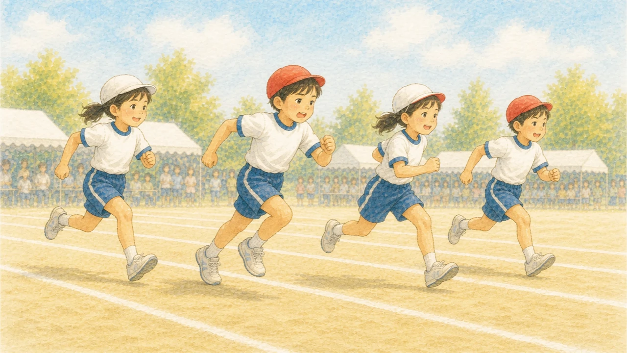 運動会のトラックで4人の小学生が横一列に並んで走っており、隣の子との速さの差が見てとれる様子(イラスト)