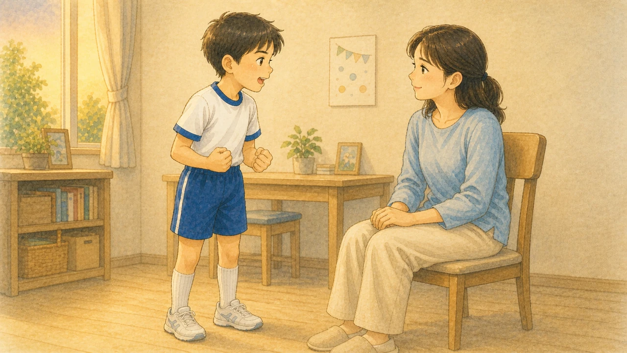 リビングで「今年こそ1番になる」と両手を握って宣言する小学生の男の子と、うれしさと心配が半分ずつの表情でうなずく母親の様子(イラスト)