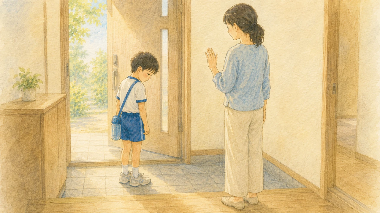 運動会の朝、玄関で緊張して口数の少ない小学生の男の子を、母親が短く送り出している様子(イラスト)
