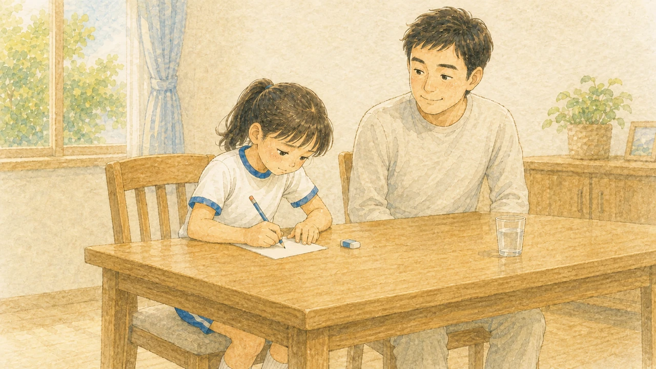 食卓で紙に「ゴールまで走りきる」と自分の目標を書きこむ小学生の女の子と、口を出さずに横で見ている父親の様子(イラスト)