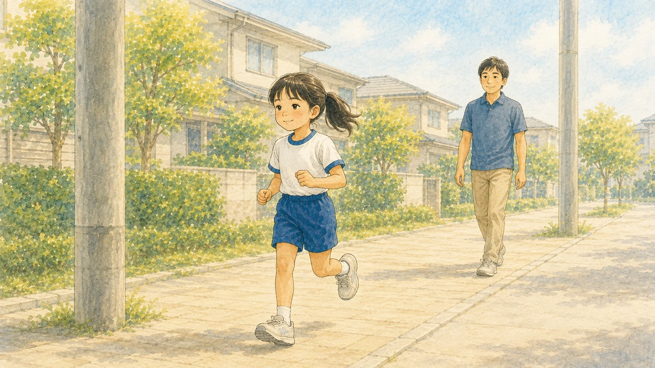 歩道で電柱の間を軽く走る小学生の女の子と、すぐ後ろを歩いて付き添う父親の様子(イラスト)