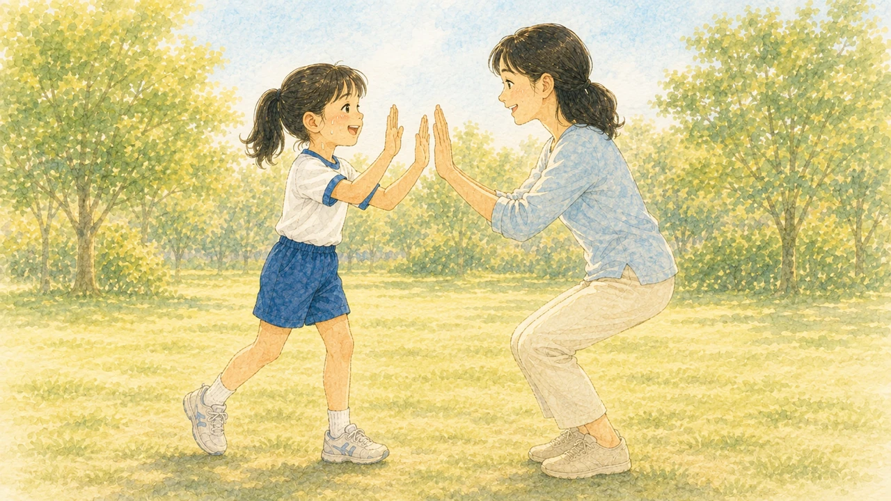 走り終えた小学生の女の子に、母親が笑顔で両手を差し出してハイタッチしようとしている様子(イラスト)