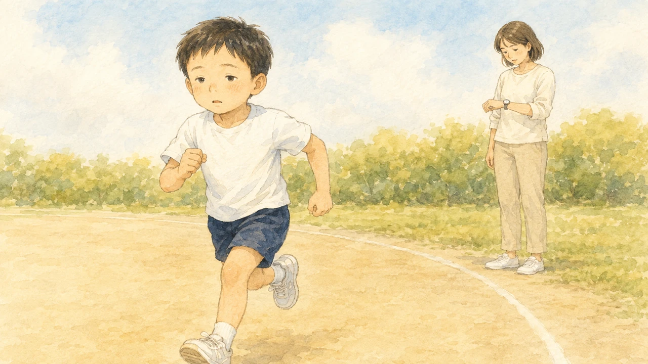 校庭のトラックを一人で黙々と走る小学生の男の子と、少し離れて腕時計を見ている母親の様子(イラスト)