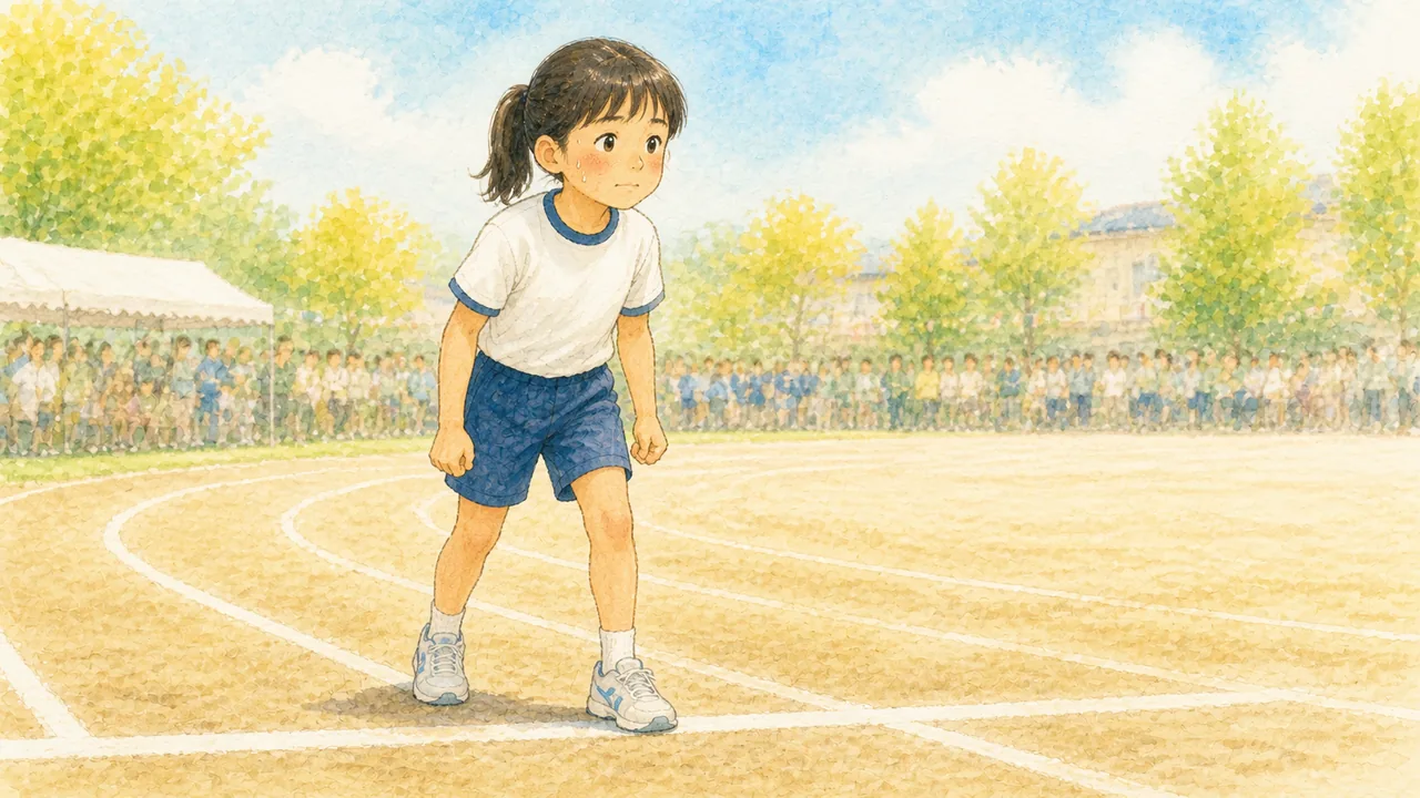 運動会のトラックのスタートラインで、こわばった表情で構えている女の子(イラスト)