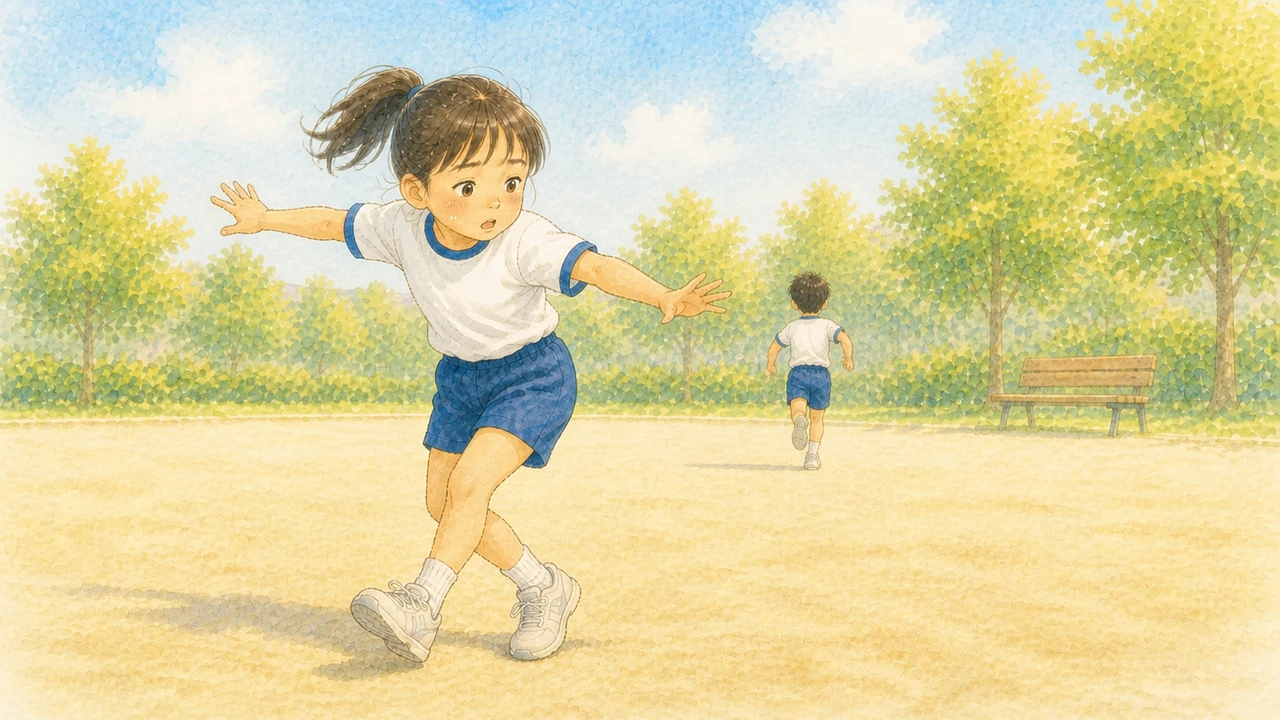 公園で鬼ごっこの途中、急に向きを変えた小学生の女の子の足がもつれてよろけている様子（イラスト）