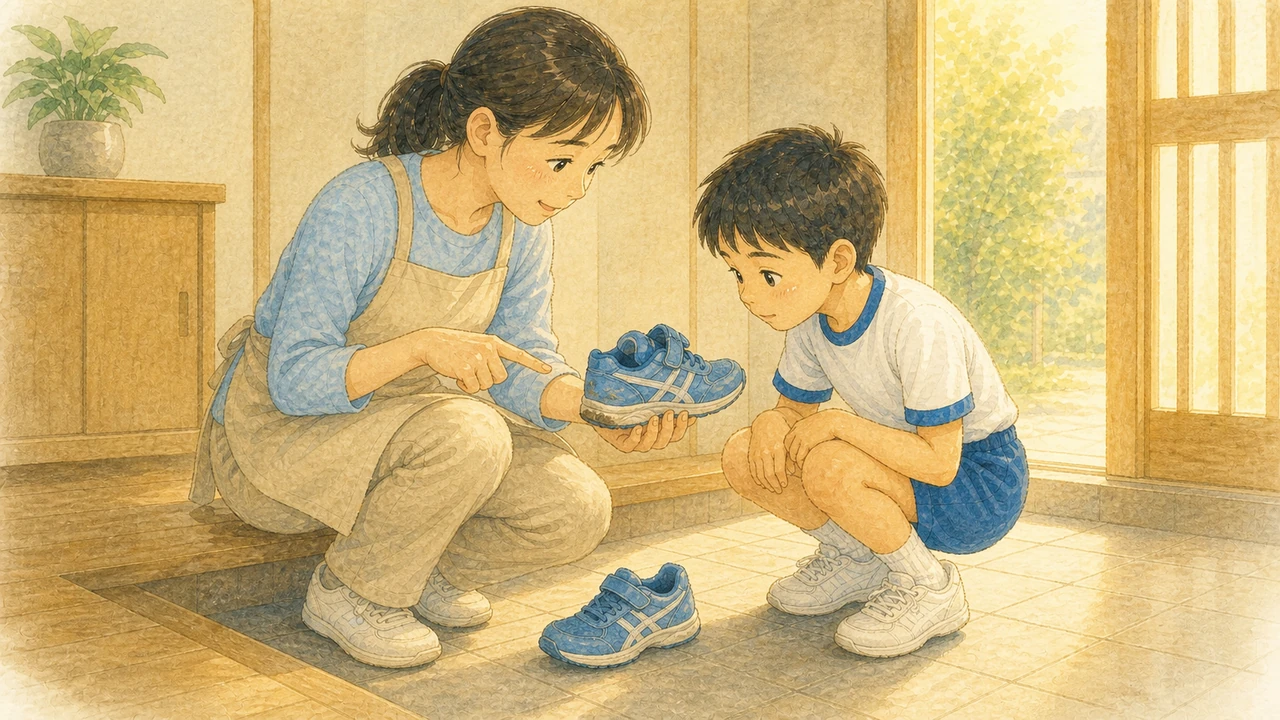 玄関で、母親と小学生の男の子が子どもの運動靴のかかとを手に取って一緒に確かめている様子（イラスト）