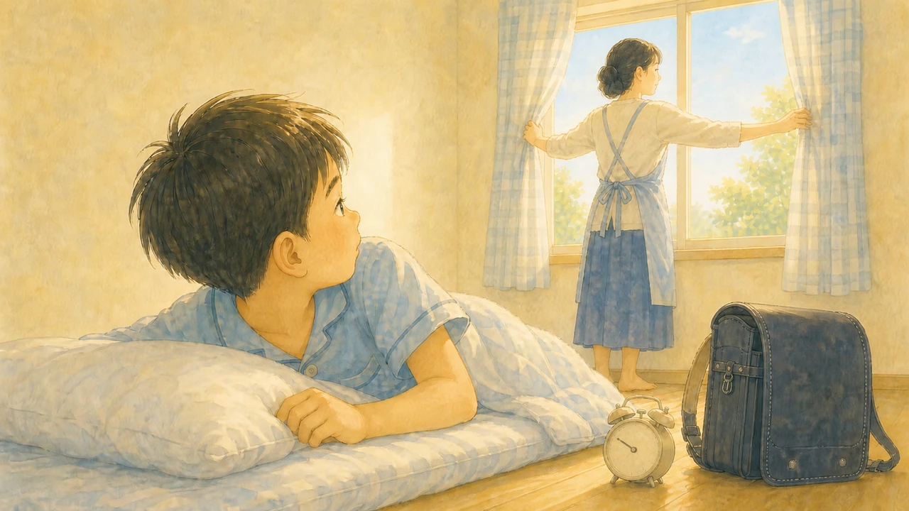 夏の朝の子ども部屋で、母親がカーテンを開けて光を入れ、小学生の男の子が布団の中で目を開けたところ。子どもの目線に近い低い位置から見た様子（イラスト）