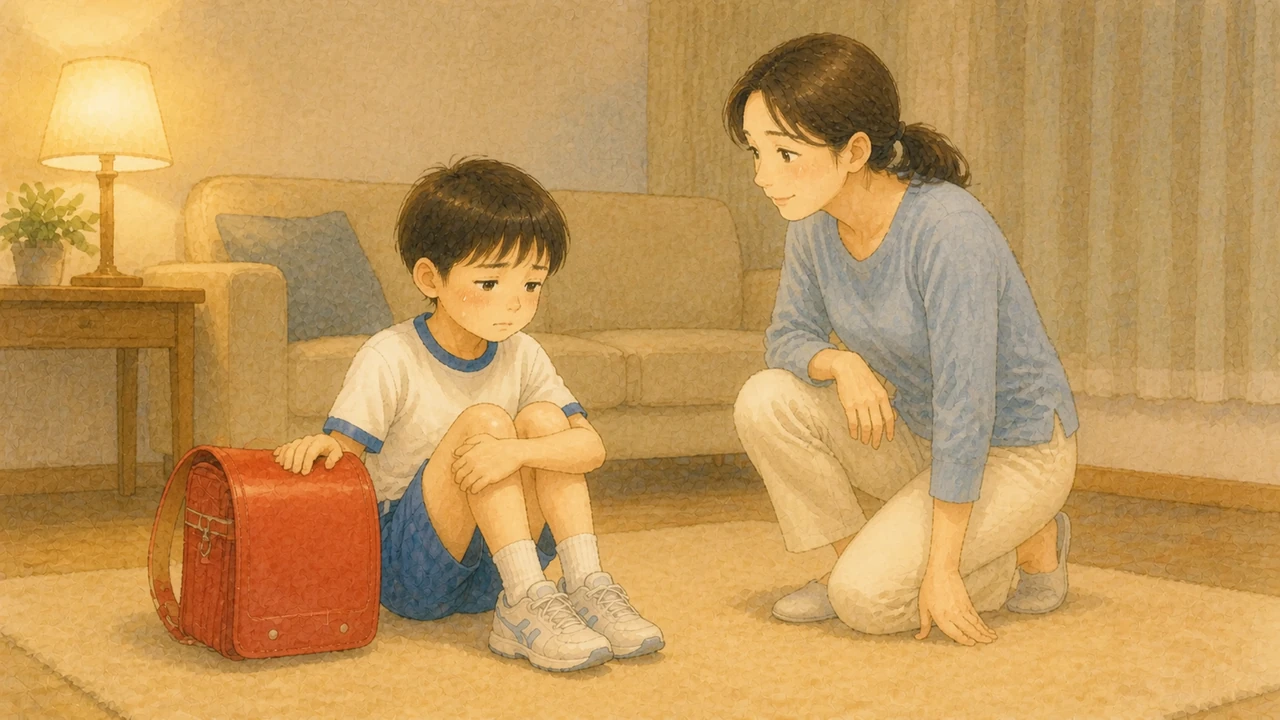 夜のリビングで、ランドセルの横に座って浮かない顔をしている小学生の男の子と、隣にしゃがんで話を聞いている母親。座った子どもの目の高さから見た様子（イラスト）