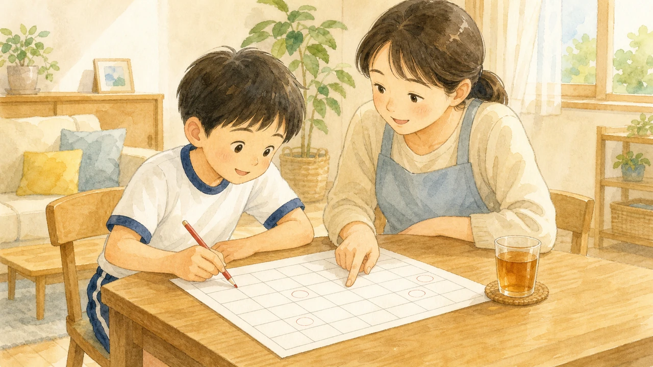 リビングのテーブルで、母親と小学生の子どもがカレンダーを見ながら、残りの日に印をつけて相談している様子。テーブルと同じくらいの高さから、二人を斜め前から見た構図（イラスト）