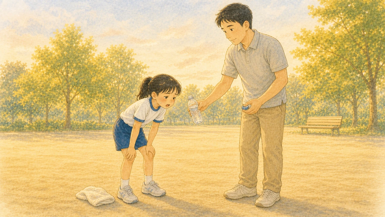夕方の公園で、久しぶりに走った小学生の女の子が膝に手をついて息を切らし、そばで父親が水筒を差し出している様子。子どもの胸の高さから横向きに見た構図（イラスト）