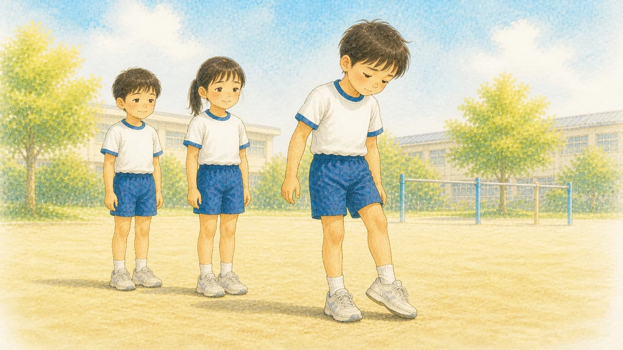 学校の校庭で、体育の授業の列に並んだ子どもたちの前で、一人の男の子が軽く足首を回している様子。子どもの目線の高さから見た構図（イラスト）