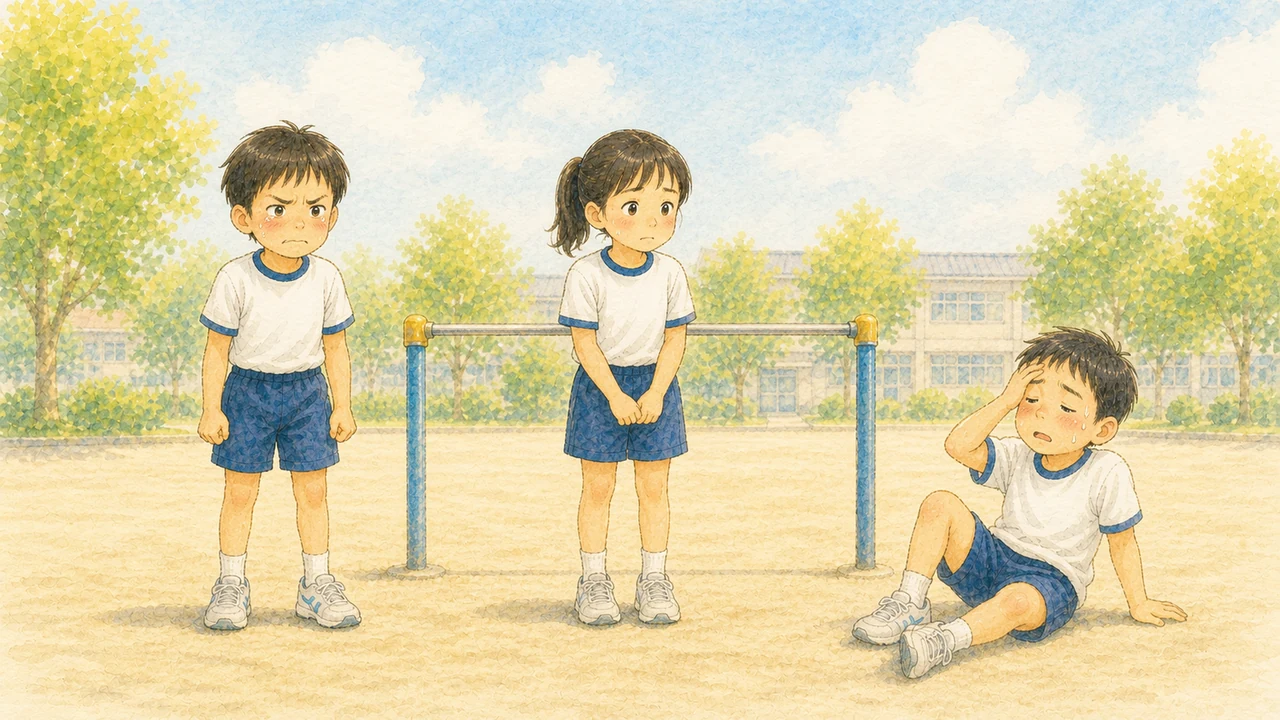 くやしそうに唇をかむ子、鉄棒の前で不安そうな子、暑さでぐったり座り込む子が横に並んでいる様子(イラスト)