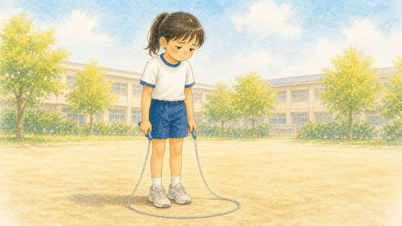 校庭で、なわとびを手に持ったまま下を向いて泣いている女の子(イラスト)
