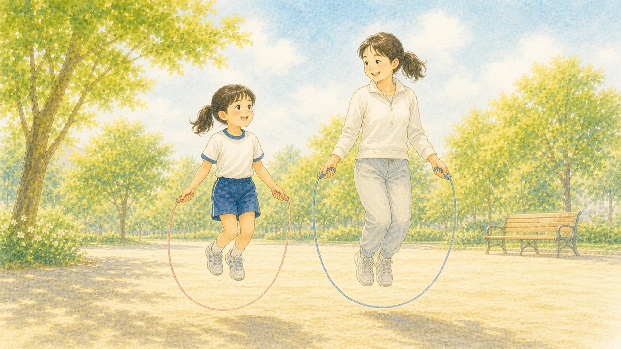 公園で、母親と子どもが笑顔で一緒になわとびを跳んでいる様子(イラスト)