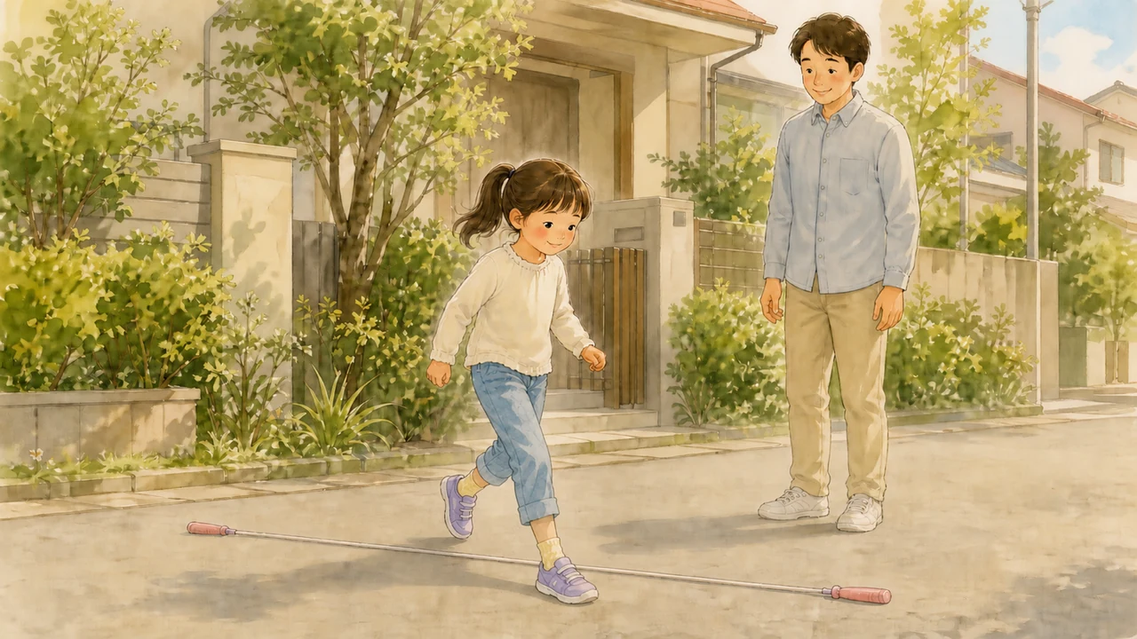 家の前の道で、床に置いたなわとびのロープを前後にまたいでいる女の子と、となりで見守る父親(イラスト)