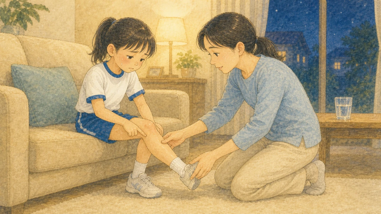 家のリビングで、母親が小学生の女の子のすねをそっと確かめながら話を聞いている様子（イラスト）