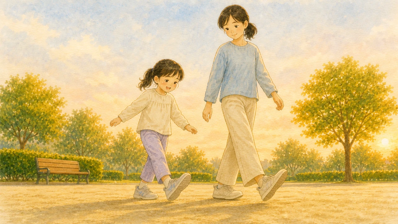 夕方の公園で、母親と小学生の女の子が並んでかかと歩きをしている様子（イラスト）