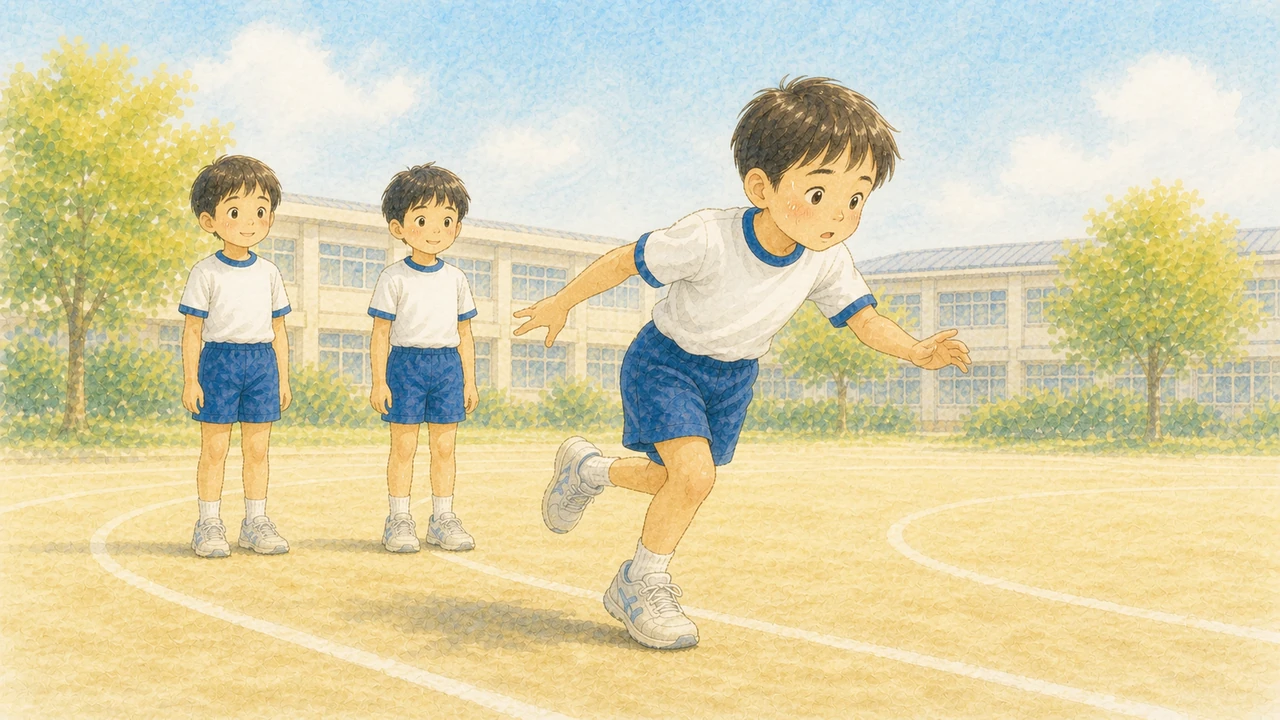 始業式のあとの校庭で、久しぶりに走り出した小学生の男の子が一歩目で足元をふらつかせている様子（イラスト）