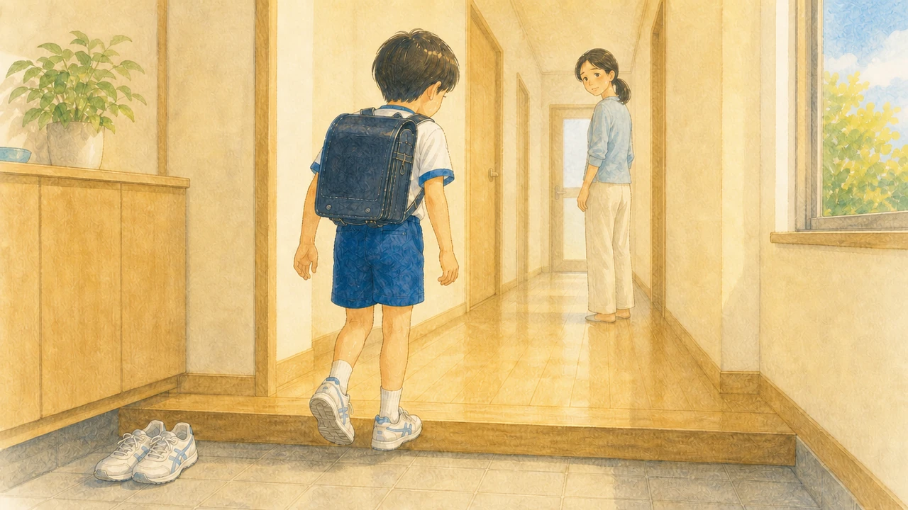 学校から帰ってきた小学生の男の子が片足をかばうように歩くのを、母親が廊下の先から気づいて見ている様子（イラスト）