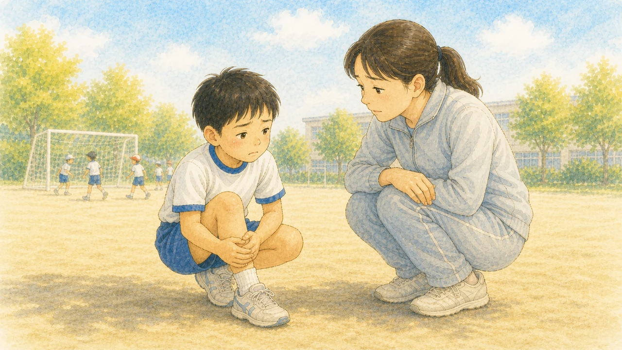 校庭のすみで、すねを手で押さえてしゃがみ込んだ小学生の男の子に、女性の先生が横でしゃがんで様子を聞いている様子（イラスト）