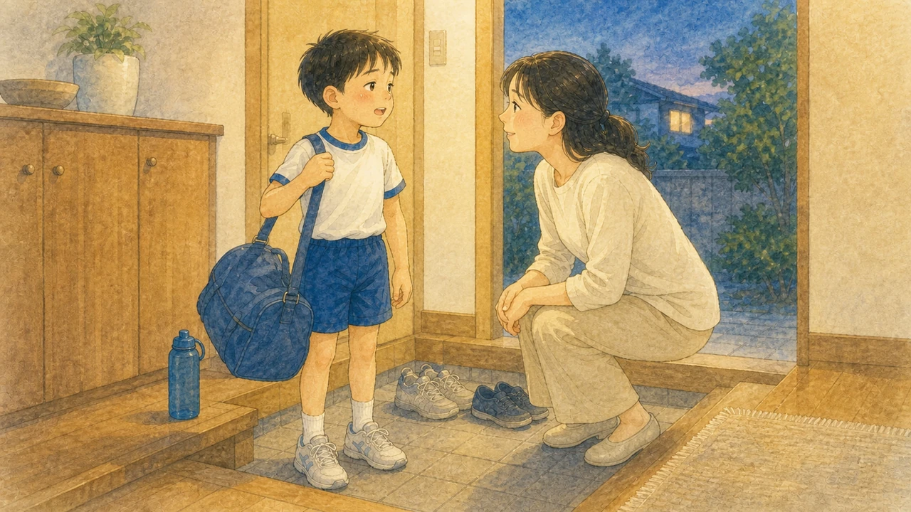 家の玄関先で、練習から帰ってきた子どもを迎えて話を聞いている母親の様子（イラスト）