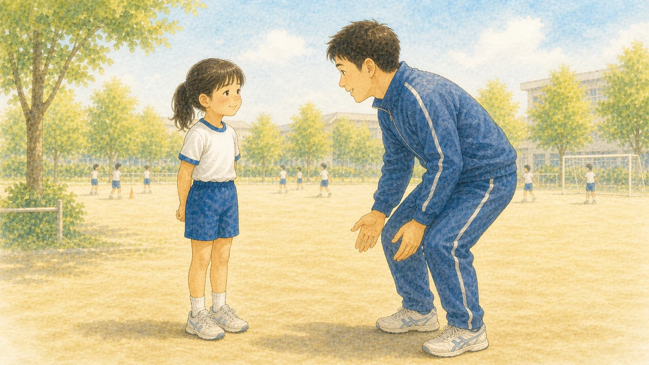 練習の合間に、コーチから声をかけられて照れたように笑っている小学生の女の子の様子（イラスト）