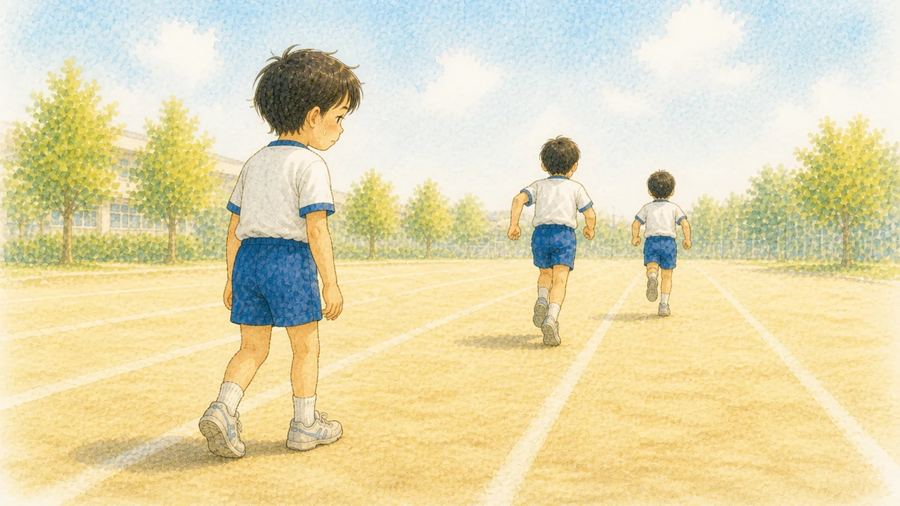 かけっこで先に行く子を後ろから見ながら、走るのをゆるめて立ち止まりかけている小学生の男の子の様子（イラスト）