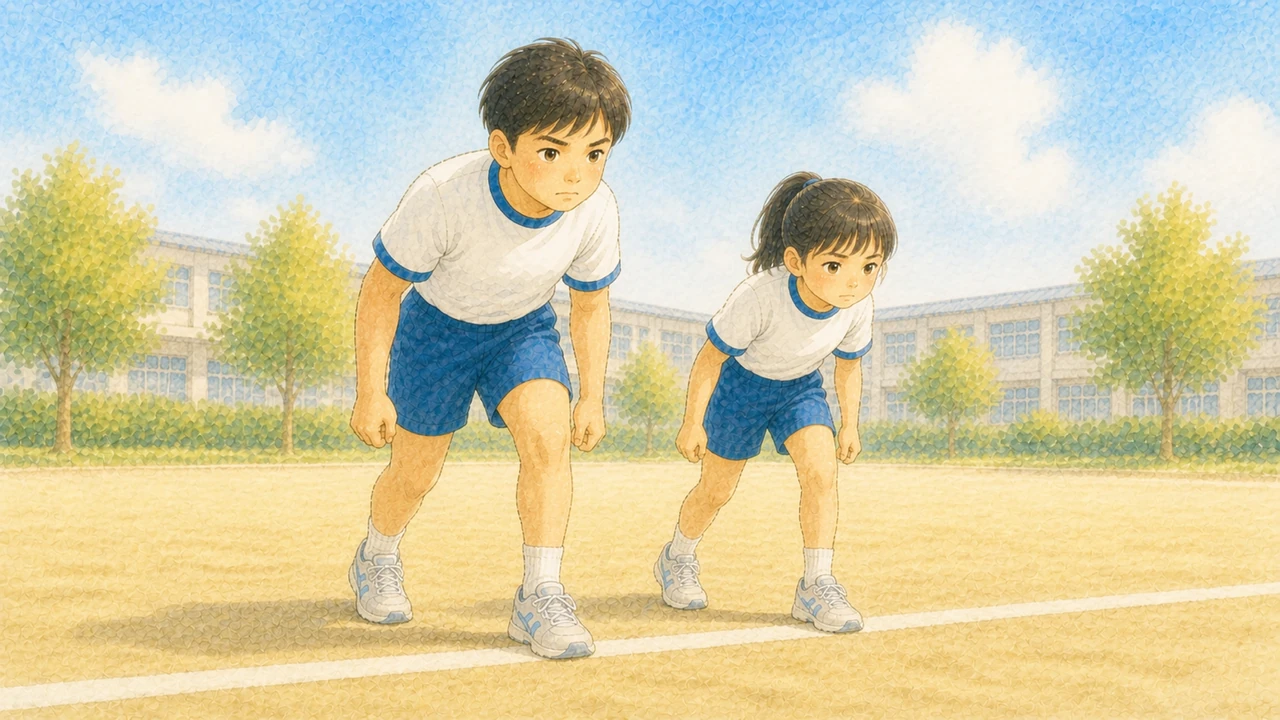 身長のちがう小学生2人が並んで立ち、同じスタートラインに足をそろえている様子（イラスト）