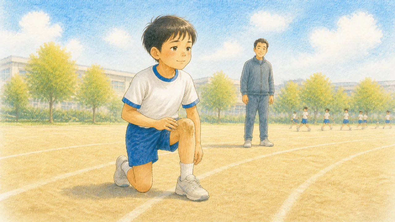 グラウンドで転んだあと、砂をはらいながら前を向いて立ち上がろうとしている小学生の男の子と、少し離れて見守るコーチの様子（イラスト）