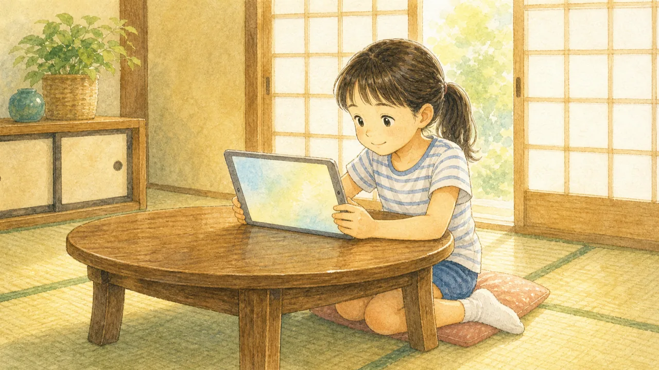 実家の和室で、座卓のそばに座ってタブレットの画面を見ている女の子(イラスト)
