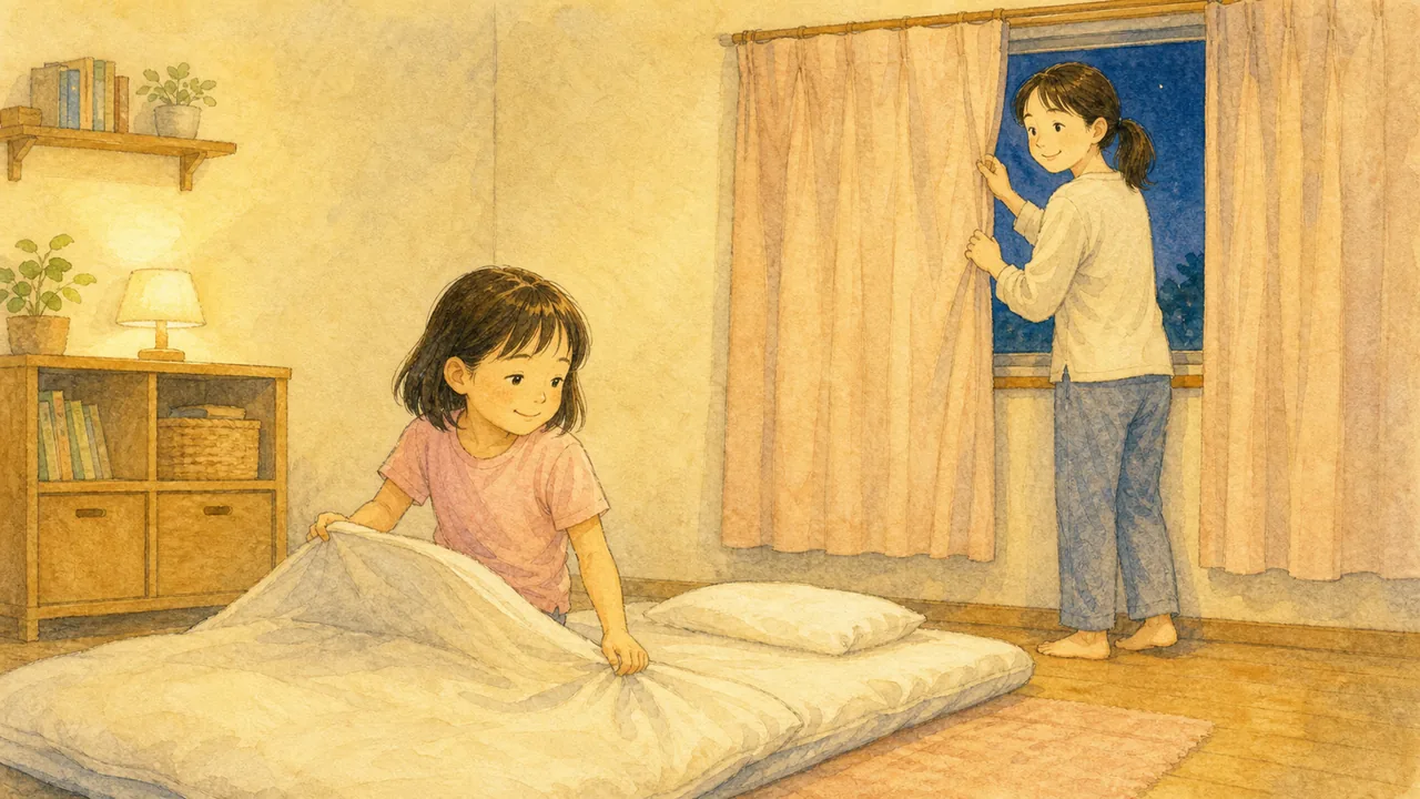 帰省から帰った日の夜、いつもの時間に布団に入る女の子と、カーテンを閉める母親(イラスト)