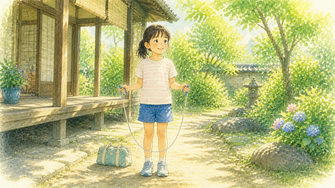 実家の庭先で、持ってきたなわとび1本だけを手にして立っている女の子(イラスト)