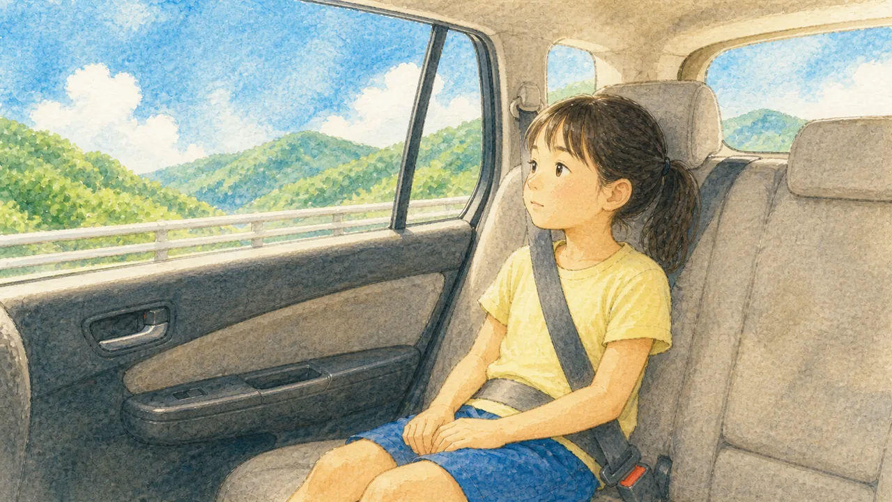 帰省の車の後部座席で、シートベルトをしたまま退屈そうに窓の外をながめる女の子(イラスト)
