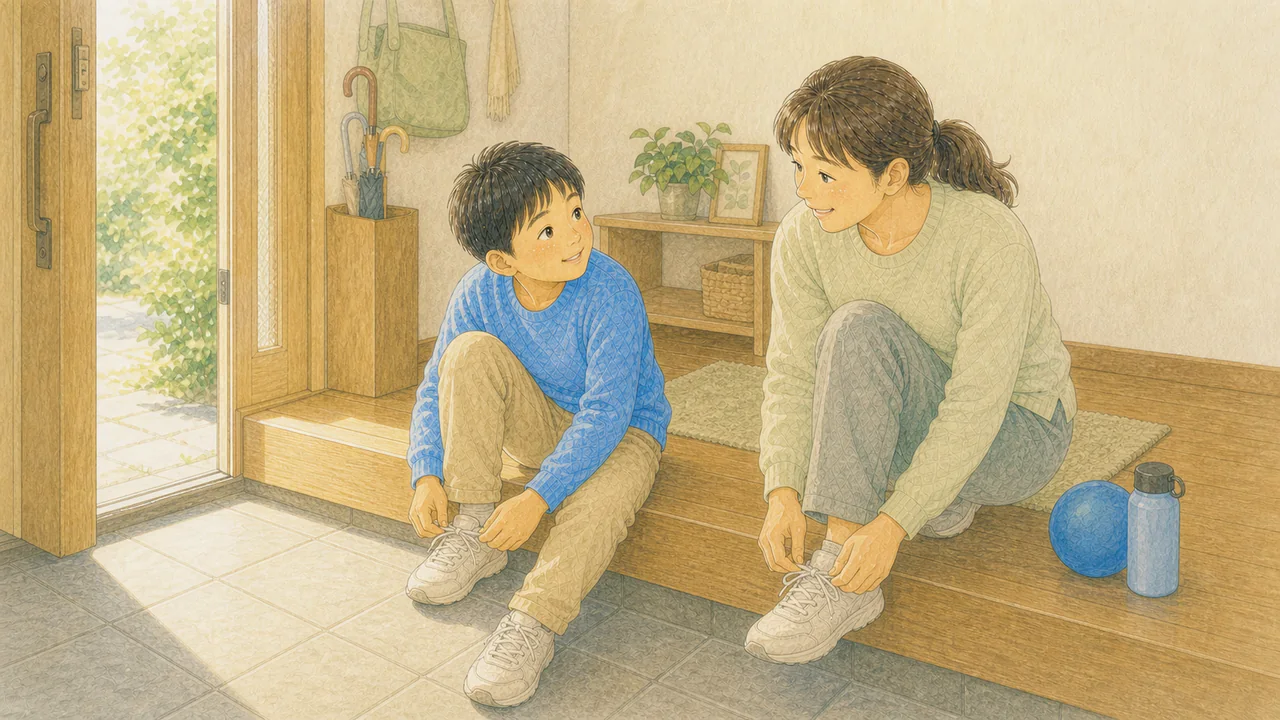 親子で一緒に外に出かける準備をしている様子(イラスト)