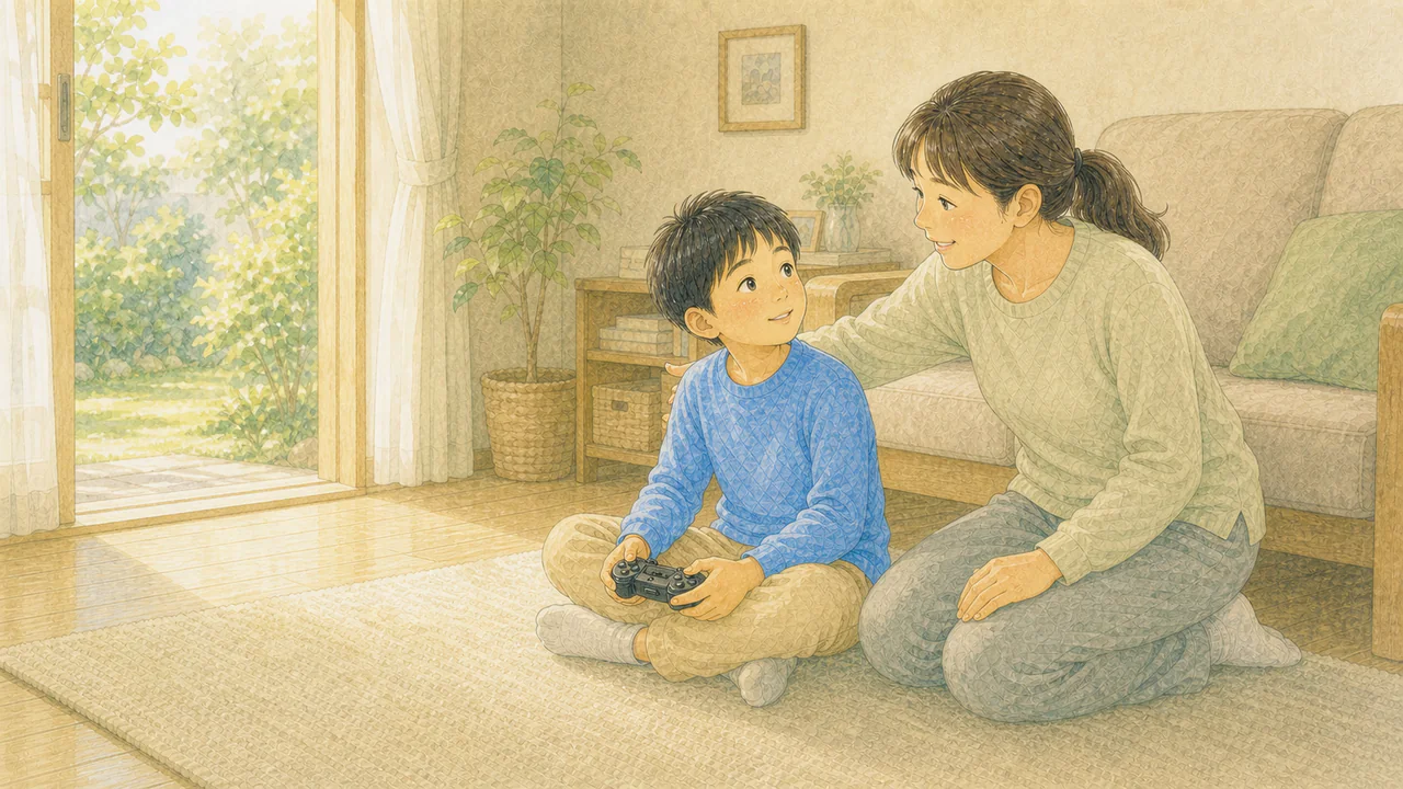 保護者が笑顔で外へ誘い、子どもが顔を上げる様子(イラスト)