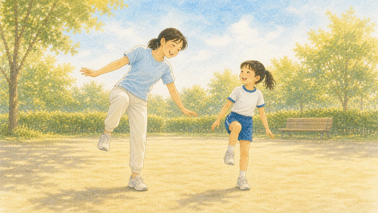 公園で母親と子どもが向かい合って片足立ちをして、母親のほうがぐらついて笑っている様子(イラスト)