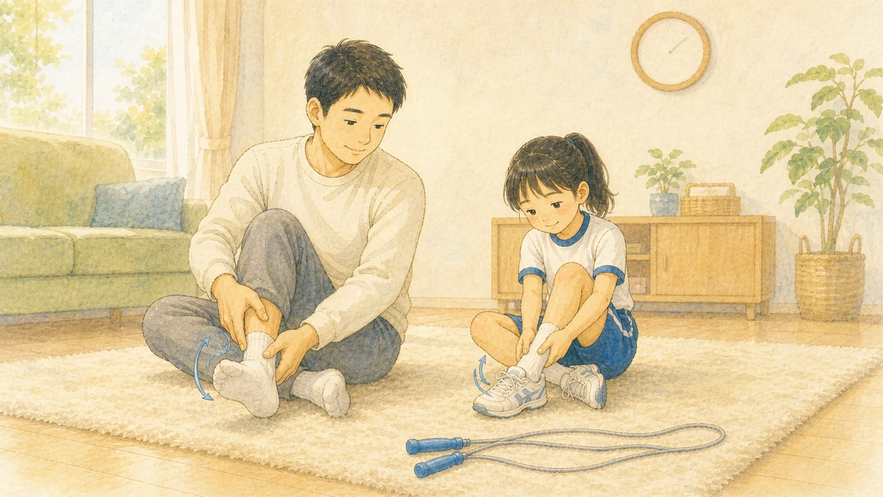 リビングの床で、父親と子どもが並んで足首を回すほぐしの動きをしている様子(イラスト)