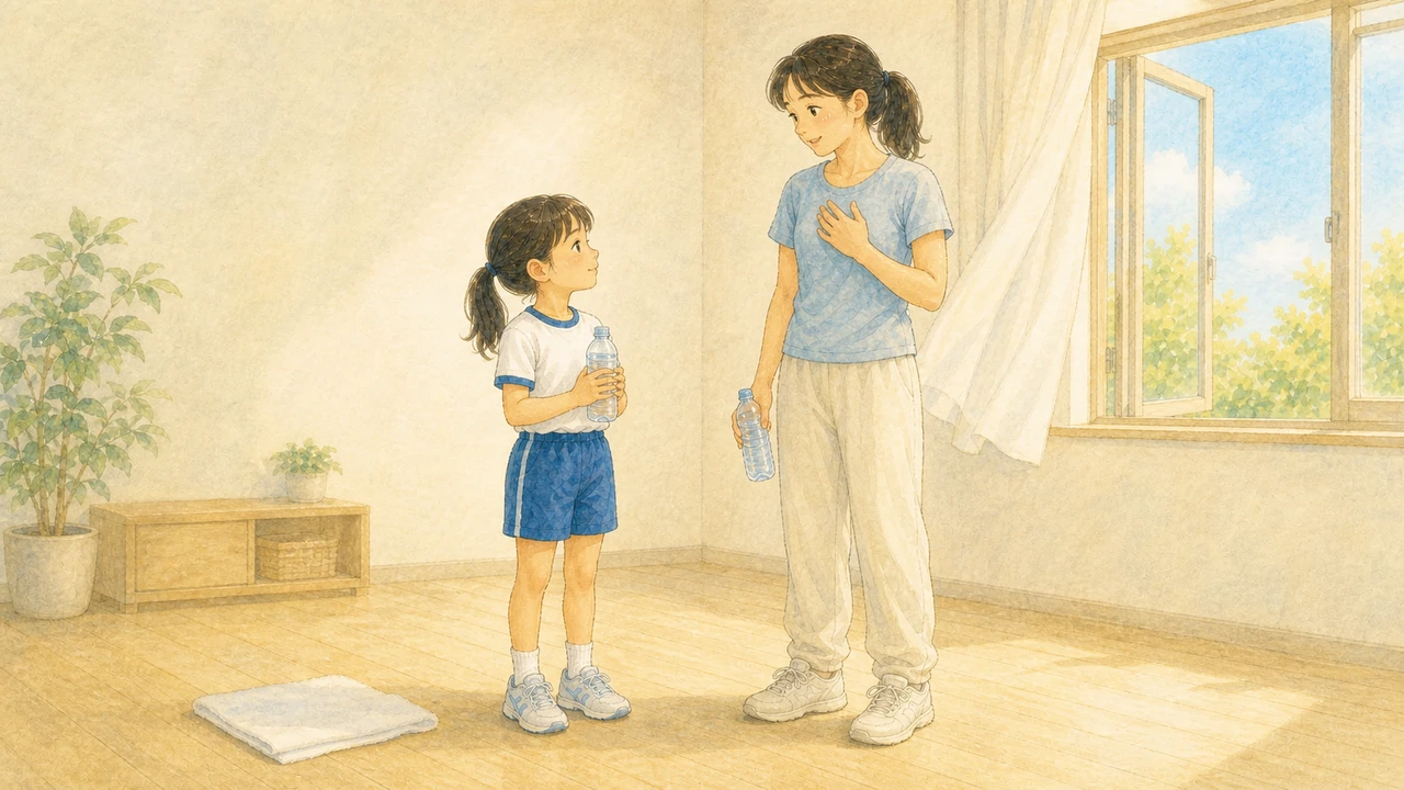 リビングで、動きを止めた母親と子どもが飲み物を手に、話しながら一息ついている様子(イラスト)