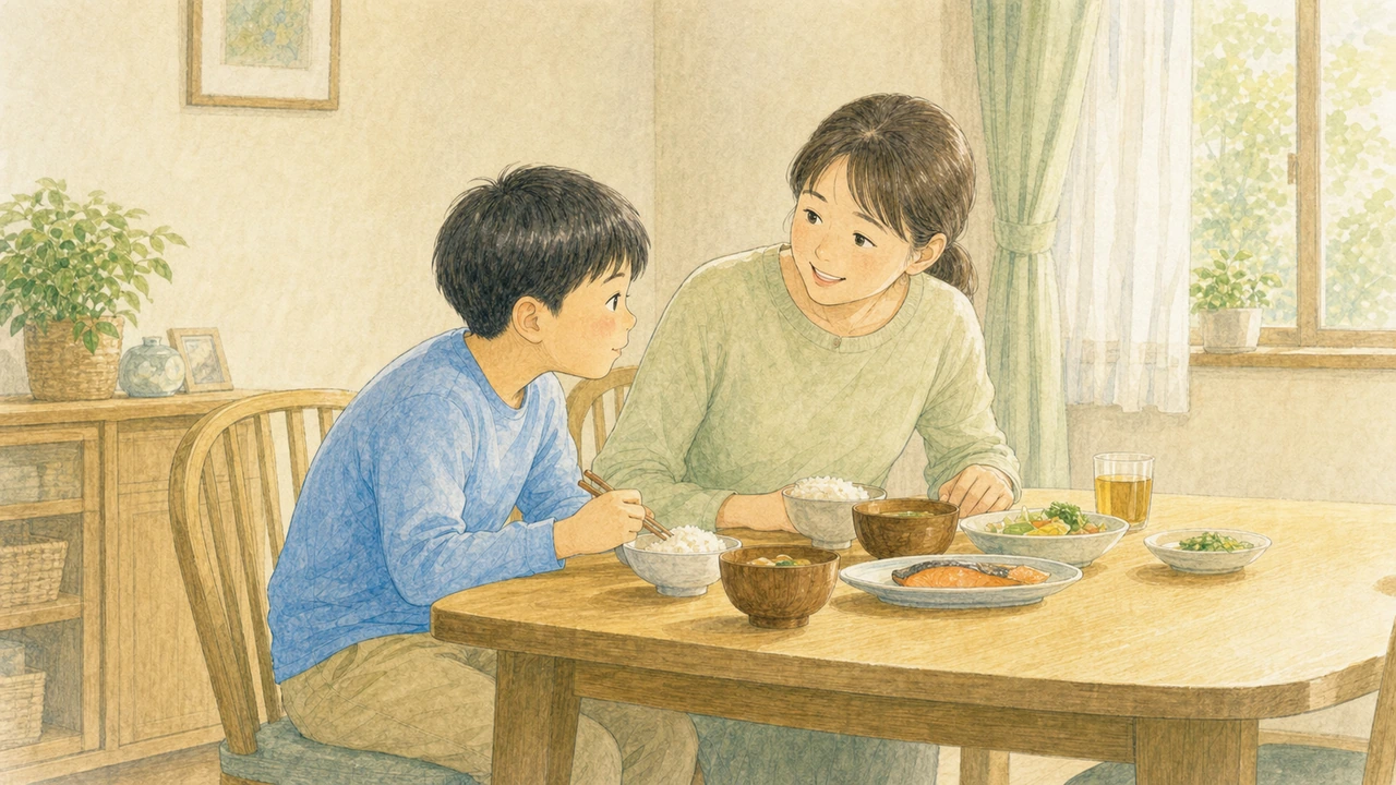食事中に背中が丸くなっている子どもに、親がとなりでそっと声をかけている様子(イラスト)