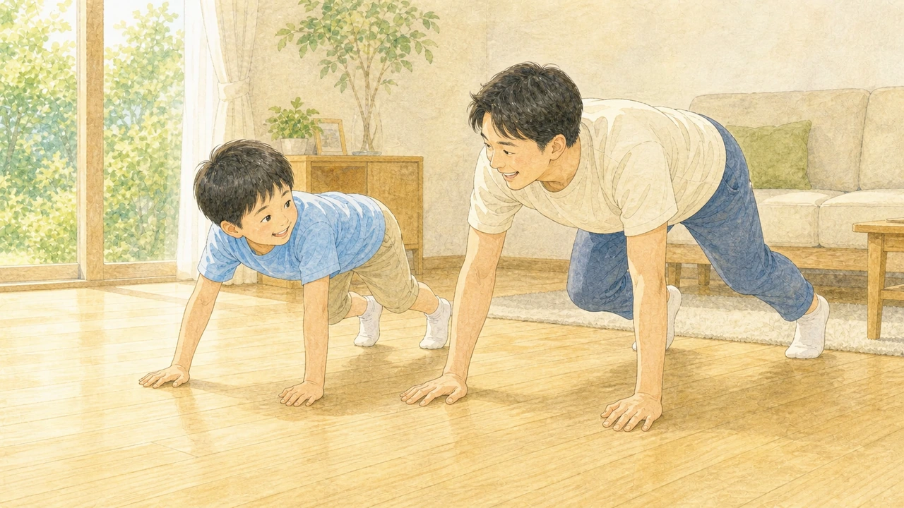 リビングでクマ歩きをする子どもと、それをまねする保護者の様子(イラスト)