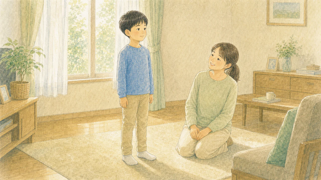 姿勢よく立てるようになった子どもを、保護者が笑顔で見守っている様子(イラスト)