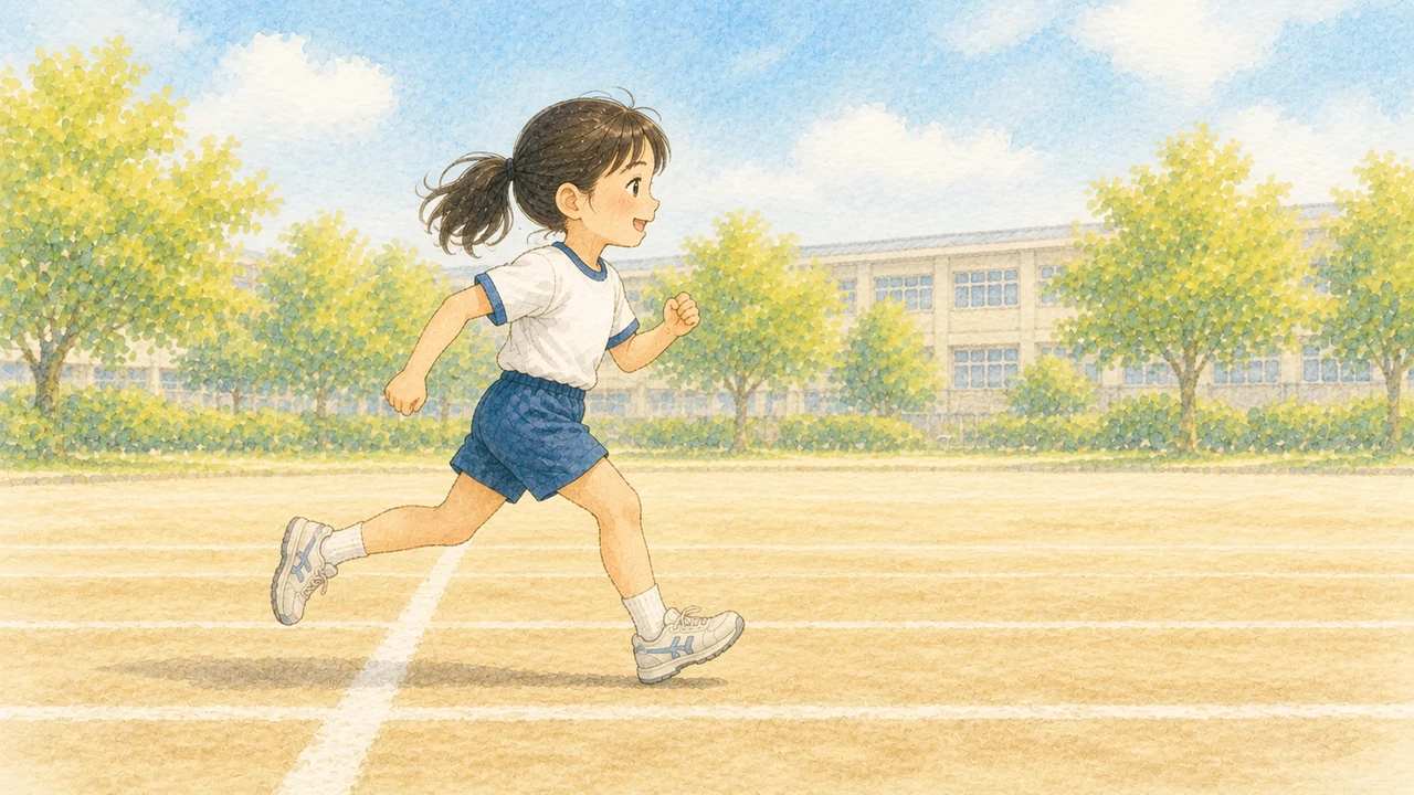 ゴールの線を通り過ぎても自然に走り続ける子ども(イラスト)