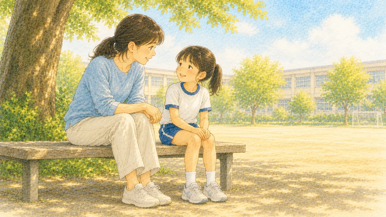 練習に取り組んだ子どもを穏やかに見守る保護者(イラスト)