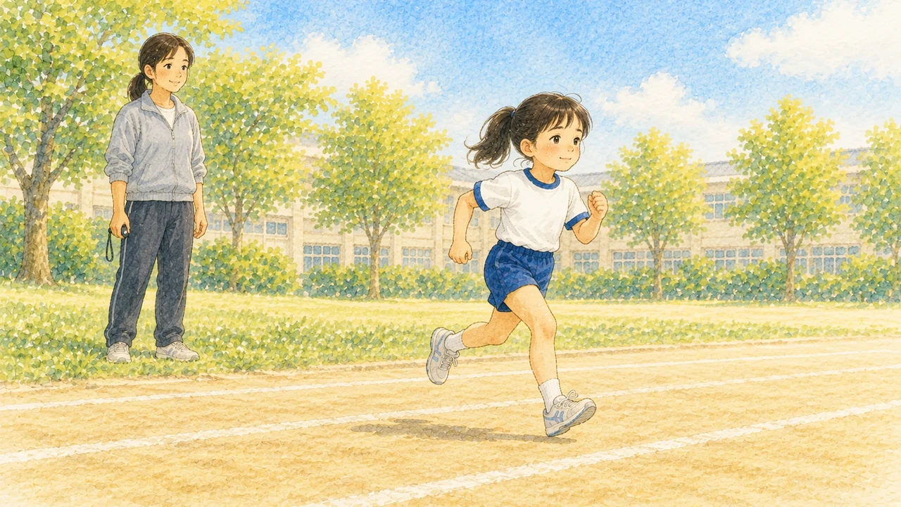 子どもの走りを見ているコーチ(イラスト)